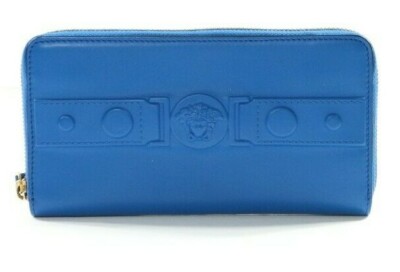 Versace Continental Leather Zip Around Wallet in Blue