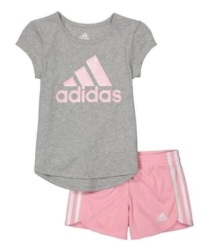 $42 ADIDAS Pink Toddler Baby Girl Mesh Athletic Shorts & T-Shirt Outfit Set 24m - Afbeelding 1 van 8