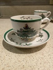 Spode Christmas Tree Cup Saucer Made In England Green Trim S3324