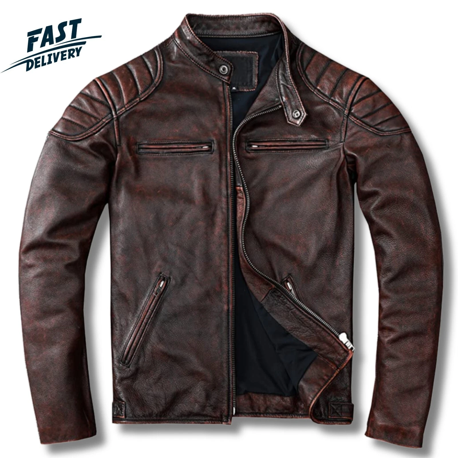 Men’s Leather Jacket Genuine Sheep Skin Distressed Cafe Biker Racer Style