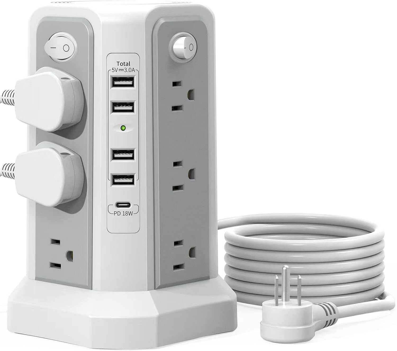 10FT Extension Cord Protector Power Strip Tower with 5 USB Port USB C Port White-image