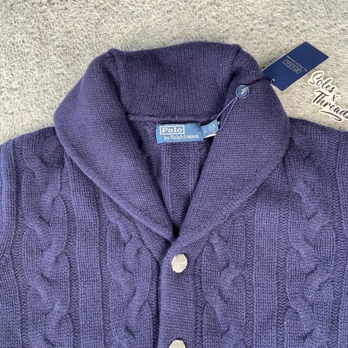 Polo Ralph Lauren Cable-Knit Wool Cashmere Cardigan Size Medium Men Hunter Navy - Picture 4 of 7