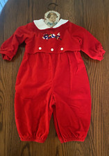 VTG Red Velvet Boys Berries Size 3-6 Mon. Long Sleeve Romper w/Train Embroid