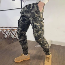 Fashion Mens Camouflage Overalls Slim Skinny Cargo Pants Pockets Casual Trousers