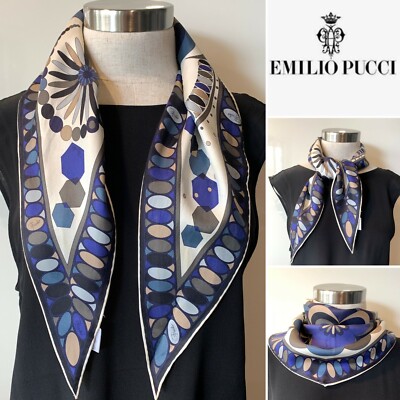 EMILIO PUCCI 花柄 シルクストール EMILIO PUCCI Italy Silk Twill Pucci Blues Floral Diamond Scarf