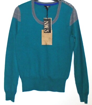 N.W.3 Hobbs Pullover mit Ellenbogenaufnäher türkisblau 100 % Wolle Größe 12 neu Etikett neu mit Etikett