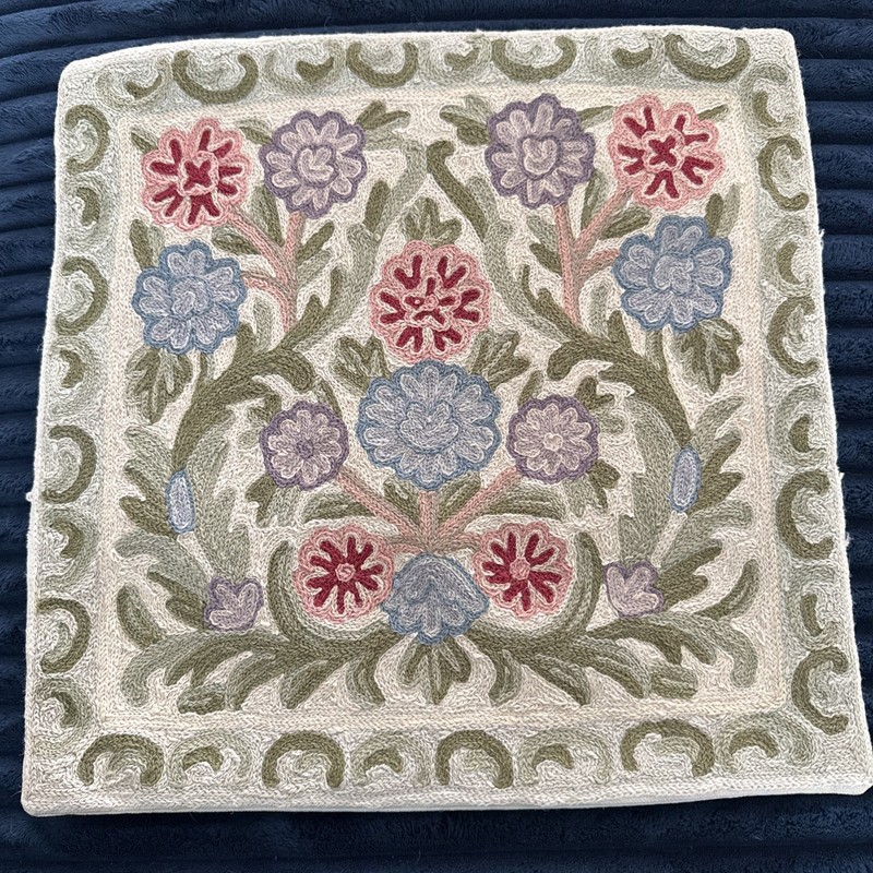 Kashmir Hand Made Chain Stitch Cushion Cover 16"x16” Embroidery Pillow Cover