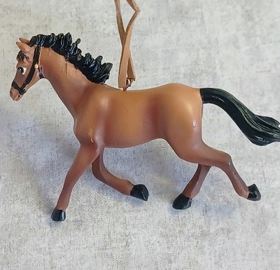 VTG PLASTIC RUNNING BROWN HORSE ORNAMENT SUEDE STRAP STRING ornament 