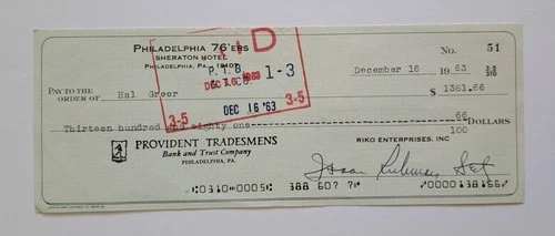 HAL GREER Signed 1963 Paycheck/Check from the Philadelphia 76ers Beckett BAS HOF
