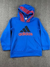 Adidas Youth Boys Hoodie Sweatshirt Blue Orange Logo Pullover Fleece Size 7