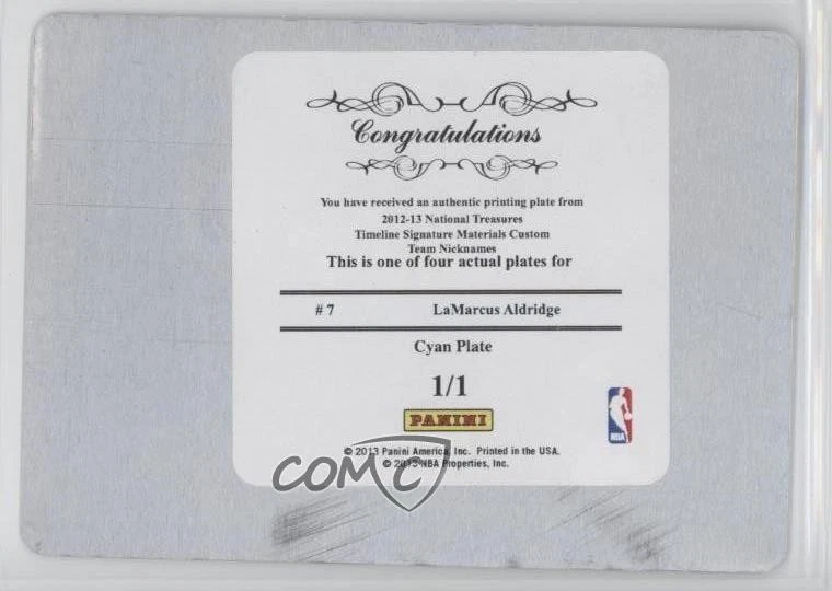 2012 Panini National Treasures Printing Plate Cyan 1/1 LaMarcus Aldridge #7 1u9 - Image 2 of 3