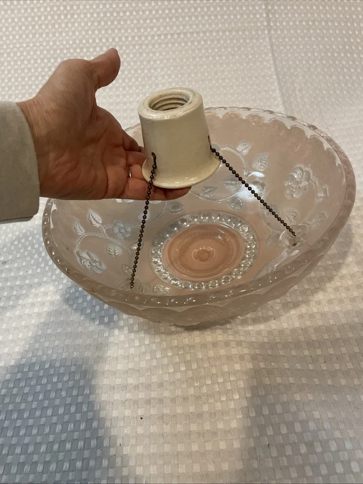 Vtg Ceiling Light Shade Glass Globe Frost Pink Clear 3 Hole W/Porcelain Fixture - Image 2 of 4