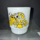 VTG FIRE KING Milk Glass Mug Cup by Hildi Yellow Caterpillar Mushroom Stackable
