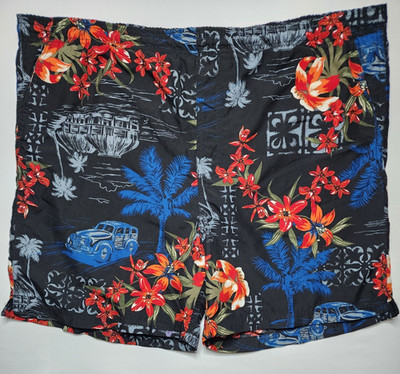 Faded Glory Mens Large 36'' - 46'' Waist Lined Black Tropical Beach Swim Trunks