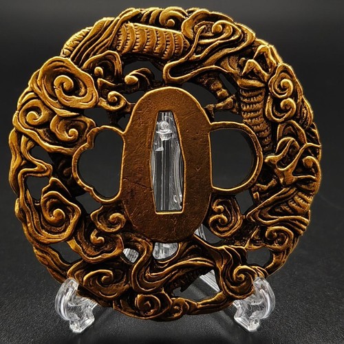Japanischer Tsuba Wolkendrache Design Kupfer geschliffen mit Gold Versilberung - Bild 3 von 6