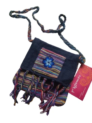 NAMASTE UK Knitted Handbag Cotton Hippy Boho Fair Trade Cross Body Shoulder Bag Blue Flower
