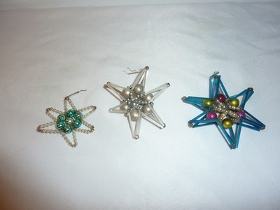 3 GORGEOUS ANTIQUE VINTAGE STAR CHRISTMAS TREE ORNAMENT GLASS WIRED BEADED 3.5''