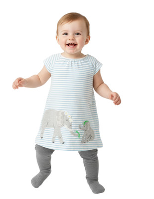 Baby Boden Kleid mit Applikation - Kurzarm Jersey bretonischer Elefant/blau Mix