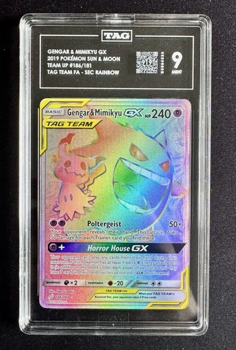 2019 POKEMON TEAM UP #186/181 GENGAR MIMIKYU GX TAG TEAM FA SECRET RARE PSA 9
