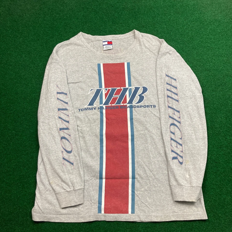 Camisa de deporte de mesa Tommy Hilfiger vintage para hombre L gris azul logotipo deletreado años 90 EE. UU. Foto 2 de 4