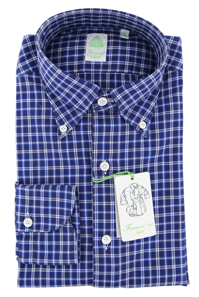 Finamore Napoli Navy Blue Plaid Cotton Shirt - Extra Slim - (E8
