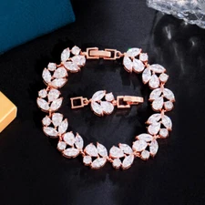 Rose Gold Plated Cubic Zirconia White Leaf Drop Chain Bracelet Fashion Jewellery