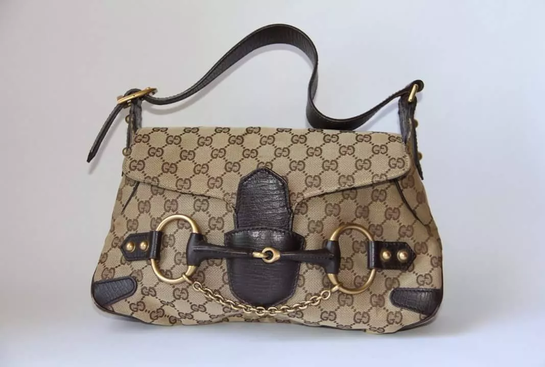 Autêntica bolsa de ombro GUCCI 114915 bege lona couro marrom