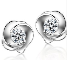 9mmSterling Silver ROSE Flower Cubic Zircon Stud Post Earrings 925 Gift Box H16