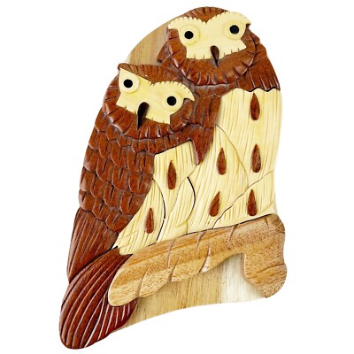 Vintage Carver Dans Owl Wood Puzzle Box Owls Barn Yard Hoot Pair Hand Carved 6''