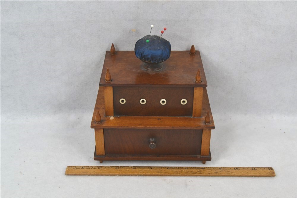  antique shaker wooden sewing box w/drawer spool holders pincushion original 