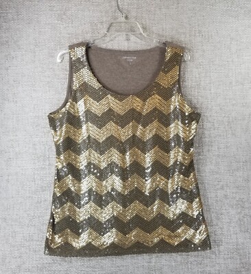 Coldwater Creek Chevron Sequin Shell Tank Top Women's L 14 Brown Gold EUC