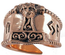 Bronze Wikingerring Thorhammer Ring Bronze Gr.52-59 verstellbar Runen kl.Modell