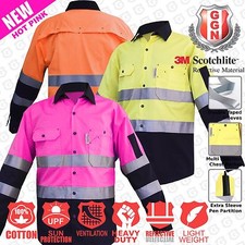 Hi Vis Work Shirt Long Sleeve, Light Cotton, Reflective Tape, Mesh Vent, UPF