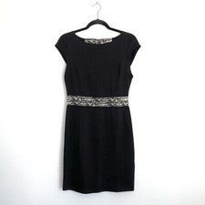 Alice + Olivia Black Beige Grosgrain Trim Ponte Knit Cap Sleeve Sheath Dress 6