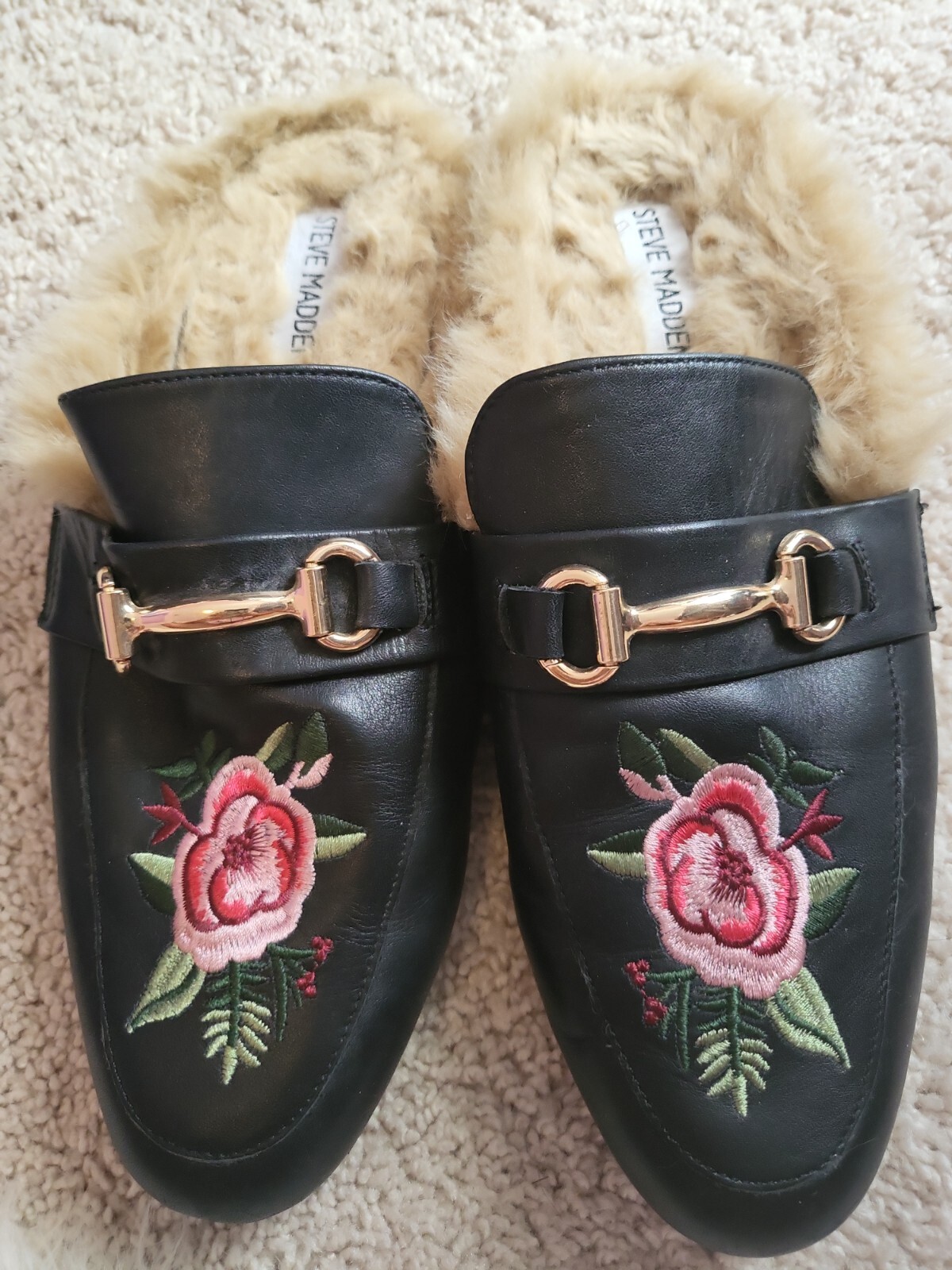 Steve Madden Jill Black Faux Fur Backless Leather Loafer Floral Mules Sz 9  | eBay