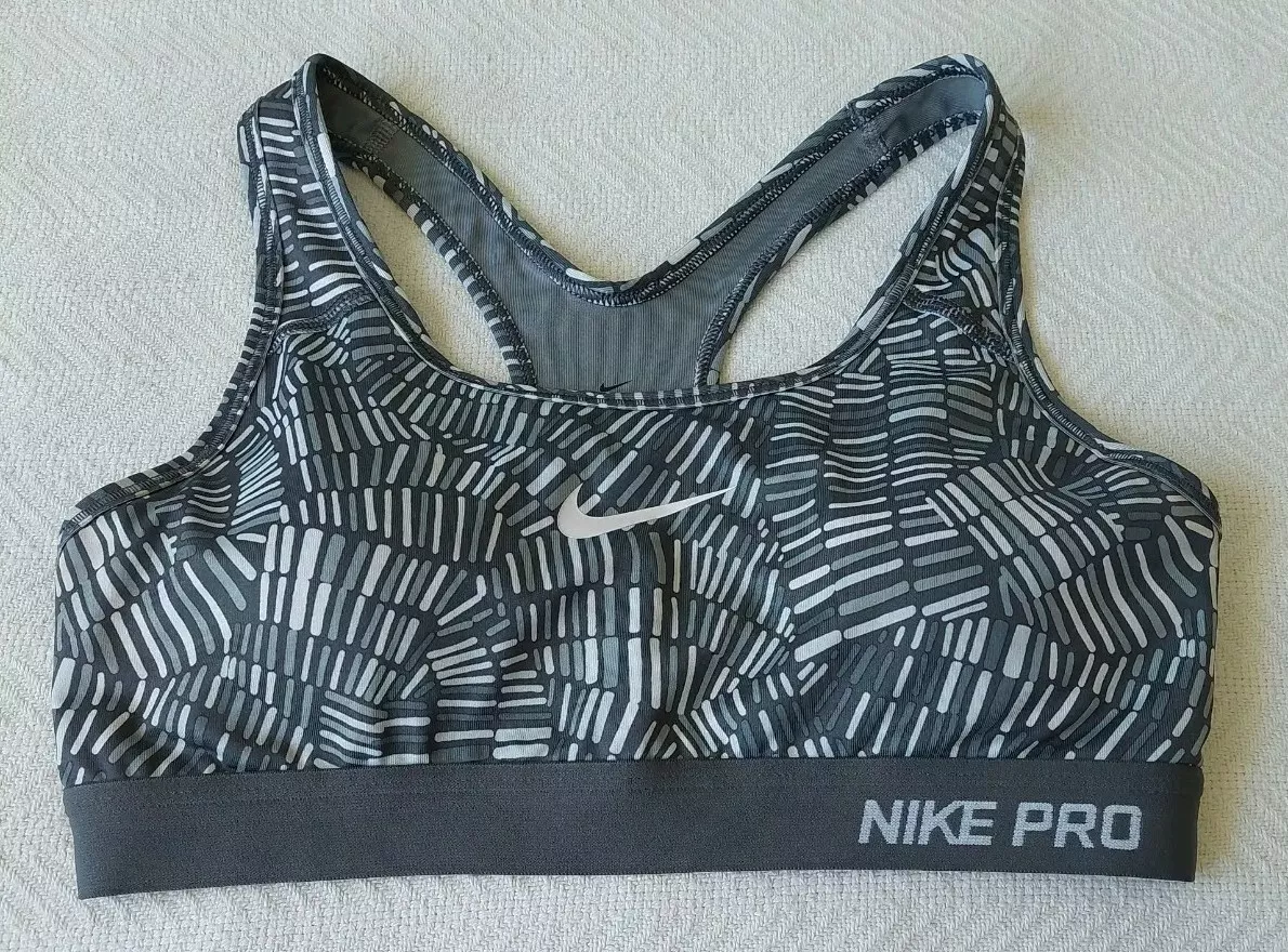 Nike Pro Dri Fit Sports Bra Small Grey w/White Confetti patterns & swoosh  Logo