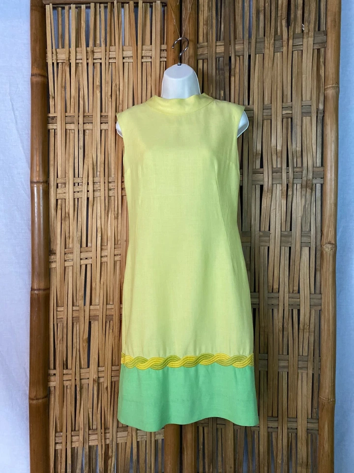 Vestido Vaina De Colección Años 60 RK Originales Amarillo Verde Lima Dobladillo Sin Mangas MOD-GO-GO S/M Foto 2 de 4