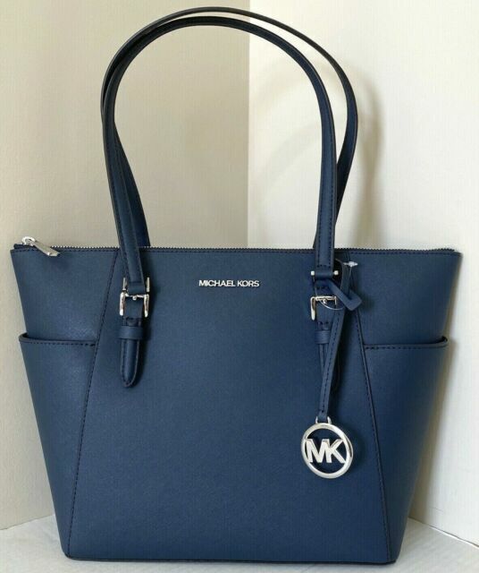 MUST SEE! MICHAEL KORS CHARLOTTE LARGE SAFFIANO LEATHER ZIP TOP TOTE NAVY 