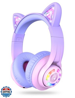 iClever Cat Ear Kids Bluetooth Headphones, LED Lights Up, 74/85dBA Volume Lim