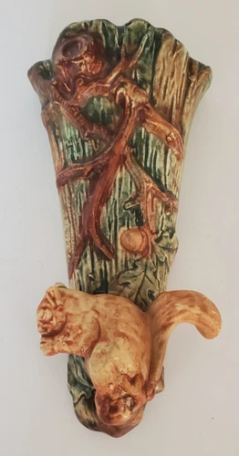 Vintage Weller Woodcraft Art Pottery Wall Pocket With Squirrel Matte Finish 9"