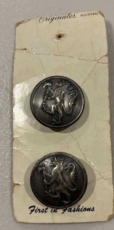 NOS 1” Uniform Buttons Set Of 2 Antique Rampant Lion Holding Ax Silver Toned
