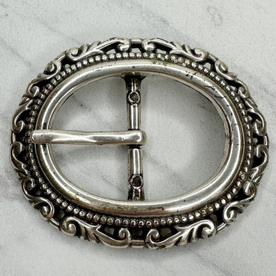 #ad Silver Tone Oval Belt Buckle Scrollwork Filigree Border Beaded Frame Prong $12.99