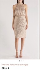 NWT Eliza J Rose Gold Sequin Halter Cocktail Dress Size 12 Glam Party Dress