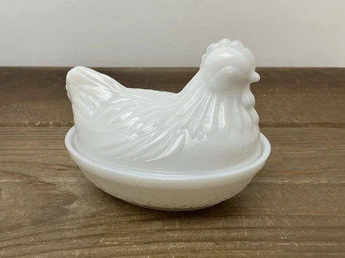 Vintage Hazel Atlas Milk Glass Hen On Nest Dish Rooster Small 4.5” Candy Dish