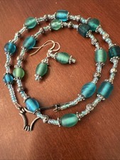 Glass Beaded Necklace Earring Set Blue Ocean Colors Silver Tone Beads 904