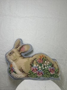 Vintage Lillian Vernon Needlepoint Easter Bunny Rabbit Pillow 1990s Blue Velvet