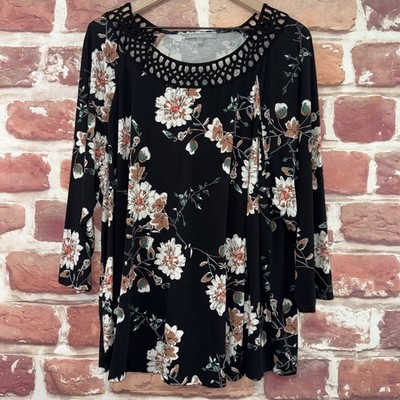 Anthropologie Daniel Rainn Top Shirt Womens 3X Black Floral Vine Lattice Neck