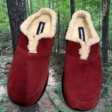 Lands' End red suede slippers with faux fur lining