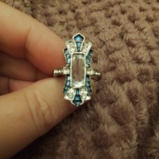 Silver Coloured Metal Art Deco Style Clear Crystal Oblong Gem + Enamel Ring UK O