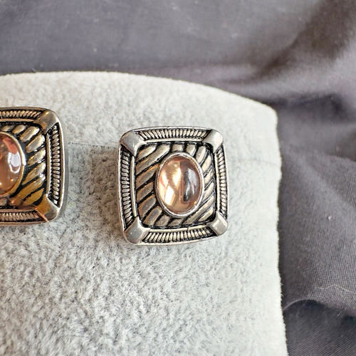 Orecchini Vintage Tono Argento Scuro Rosa Strass Quadrati Clip-on Pietra Cabochon - Foto 3 di 7